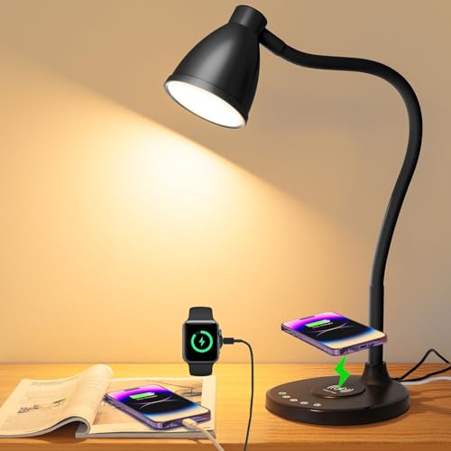 BOHON Desk Lamp for Home Office, LED Desk Light with USB C+A Charging Ports, Wireless Charger, 5 Colors Stepless Dimming Reading Light Timer, Touch Bedside Table Lamp for College Dorm Room Black