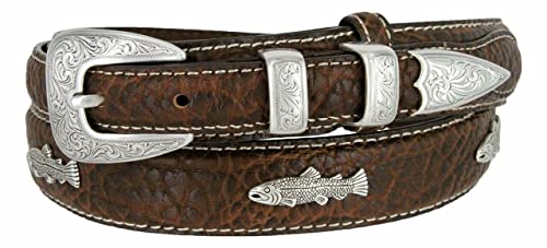 Silver Engraved Fish Conchos Genuine Leather Western Ranger Belt (Brown,40)