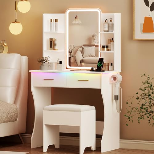 Vanity Desk with LED Lights Mirror & Power Outlet, Small Makeup Vanity Table Set with Storage Drawers & Chair, 3 Lighting Modes & Adjustable Brightness, Dressing Table for Women Girls Bedroom, White