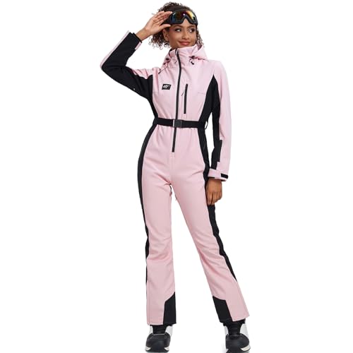 YEEFINE Women's Ski Suit One Piece Jumpsuits Snowsuits Waterproof Snowboard Suit Winter Outdoor Ski Jacket and Pants Jumpsuits(Pink, M)