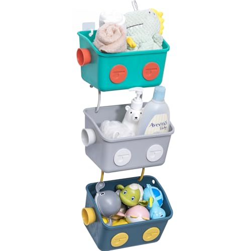 LUFOFOX Bath Toy Storage Organizer Basket, 3 Layers Colorful Robot Modeling Wall Mounted Kids Hanging Shower Caddy with Hooks for Shampoo