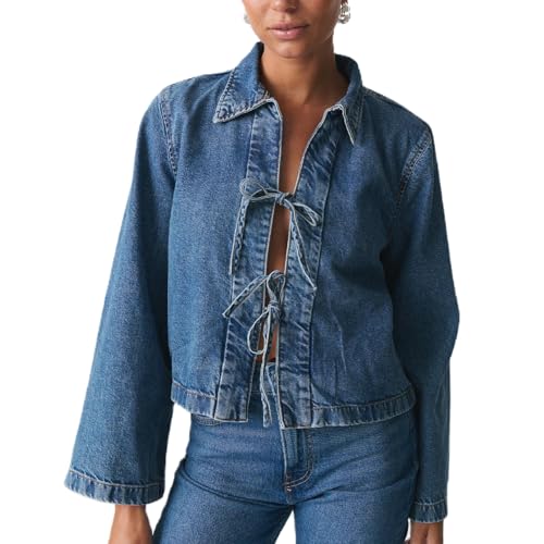 LouVasabuce Women Fashion Cropped Denim Jacket Tie Front Lapel Neck Long Sleeve Jean Coat Lightweight Shacket Fall Blouse