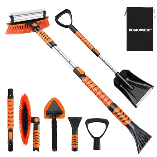 COMOWARE Extendable Snow Brush for Car, Ice Scrapers for Car Windshield Combo Kit with 270° Pivoting Head, 6-in-1 Snow Removal Tool with Snow Shovel Snow Scraper for Car, Truck, SUV, Winter Car Kit