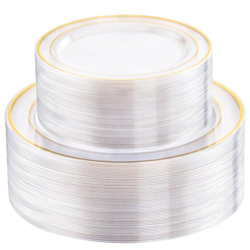 FLOWERCAT 100PCS Clear Plates with Gold Trim - Heavy Duty Clear and Gold Plastic Plates Disposable for Party/New Year Include 50PCS 10.25inch Clear Dinner Plates - 50PCS 7.5inch Clear Cake Plates