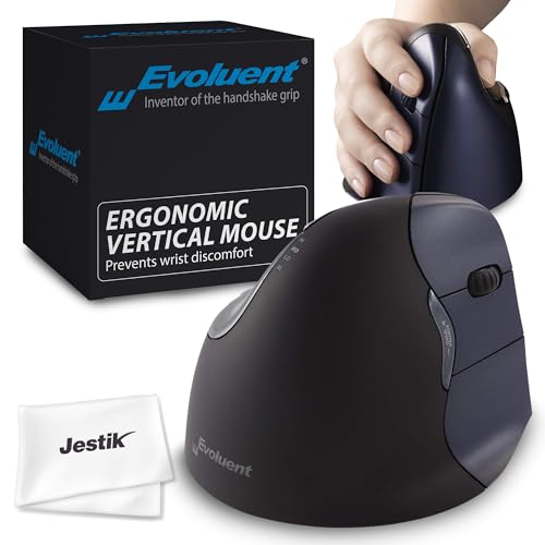 Jestik Evoluent Mouse VM4RW - VerticalMouse 4, Right Hand Ergonomic Design, Evoluent Vertical Mouse with Wireless Connection for Comfort and Precision, Plus Microfiber Cloth (Regular Size)