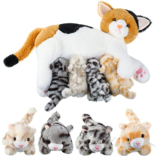 Skylety Nurturing Cat Stuffed Animal with 4 Plush Kittens, Cat Baby Stuffed for Girls and Boys Plushy Mommy Kitty with Baby Kittens for Birthday Party Favors Gifts(Lovely Style)