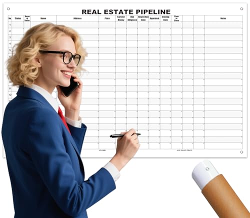 Large Dry Erase Real Estate Whiteboard Poster,36 By 24 Inch Erasable Real Estate Tracker Calendar For Tracking Transactions,Closing Goal,Real Estate Agent Pipeline White Board For Realtor Office