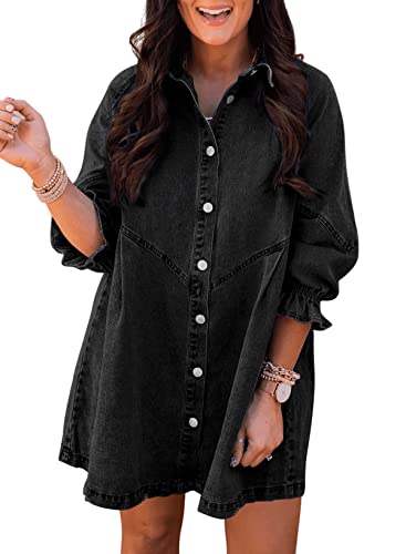 Sidefeel Womens Smocked 3 4 Sleeve Button Down Denim Jeans Dresses Large Black