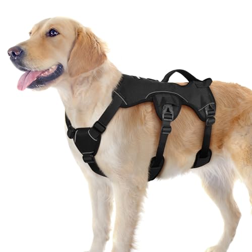 rabbitgoo Escape Proof Dog Harness, Soft Padded Full Body Pet Harness, Reflective Adjustable No Pull Vest with Lift Handle and Leash Clip for Large Dogs Walking Hiking Training, L, Black
