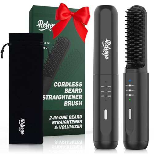 REHOYO Beard Straightener for Men, Portable Cordless Heated Hair & Beard Straightening Brush with Anti-Scald & Ionic Technology, 3 Temperature Setting Comb For Home Travel