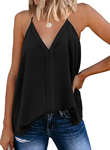 miduo Womens Plus Size Ladies Solid V Neck Strappy Tank Tops Loose Casual Sleeveless Cami Shirts Flowy Tank Blouses Black XXL