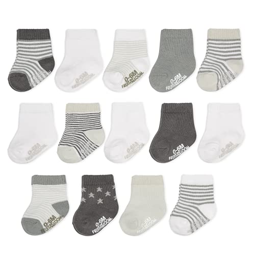 Fruit of the Loom Baby 14-Pack Grow & Fit Flex Zones Cotton Stretch Socks - Unisex, Girls, Boys (0-6 Months, Grey Stripe)