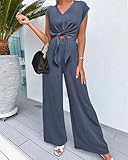 PRETTYGARDEN Women's Summer 2 Piece Outfits 2025 Cap Sleeve V Neck Belted Crop Tops Wide Leg Pant Sets Casual Tracksuit(Solid Grey Blue,Medium)