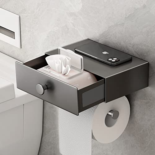 VOLDRA Toilet Paper Holder with Shelf Adhesive Toilet Paper Holder with Storage Upgrade Drawer Design Wipes Dispenser for Bathroom Toilet Tissue Holder Small Bathroom Shelf Wall Mount（Matte Gray）