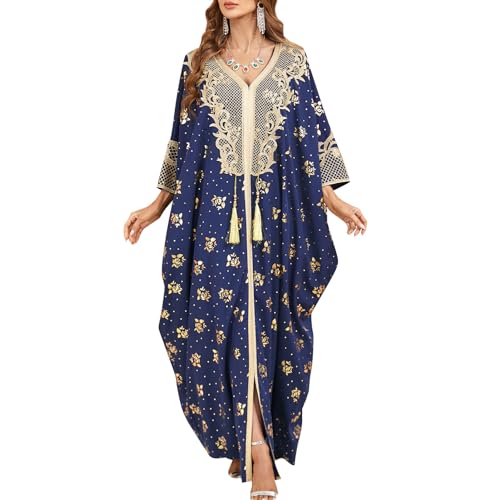 Muslim Clothes for Women Ramadan Dress for Women Eid Abaya Batwing Sleeve Loose Fit Maxi Dress Traditional Arabic Robe Kaftan Middle East Outfits Embroidered Prayer Dress Plus Size Blue One Size