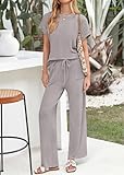 KIRUNDO Womens Summer 2 Piece Outfits Casual Ribbed Knit Short Sleeve Tops Wide Leg Pants Lounge Sets Tracksuit Sweatsuit(Grey, Medium)