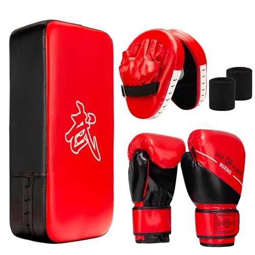 4-in-1 Kids Boxing Pads Gloves Kick Punching Mitts Set, Leather Hand Target Focus Pads, MMA Muay Thai Pads for Kicking Taekwondo Karate Kickboxing, Youth Boxing Training Sparring Gear Equipment