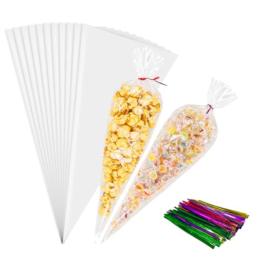 NPLUX 100 Pack Clear Cellophane Bags Cone Shaped Cellophane Treat Bags with Ties for Candy Popcorn Cookie Small Gift Wrapping(5x10 Inches)