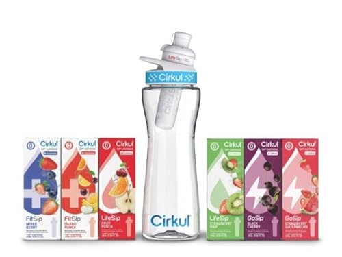 Cirkul 12oz. BPA-Free Plastic Water Bottle Starter Kit for Kids with Blue Lid, 2 Flavor Cartridges (1 LifeSip Fruit Punch, 1 FitSip Mixed Berry)