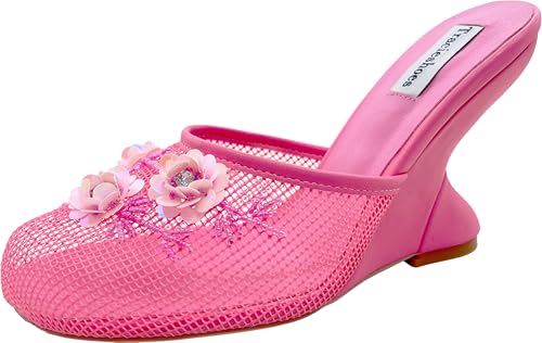 Tracieshoes Women's Mesh Mule Slip On Sandals With Floral Sequin Embellishments Round Toe Wedge Heel Slides Slippers 4 Inch Pink Size 8