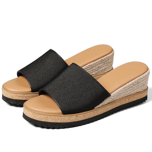 mikarka Slip On Wedge Sandals for Women, Open Toe Resort Platform Sandals Comfortable Beach Sandals Slide Espadrilles Wedges Dressy Summer Sandals Mules, Black Canvas, Size 7