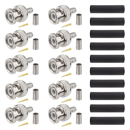 XRDS -RF RG58 BNC Connectors 10PCS – BNC Male Crimp Connector Compatible with RG58, LMR195, RG400, RG142, 3D-FB Coax Cables for RF, Video, and Communication Applications