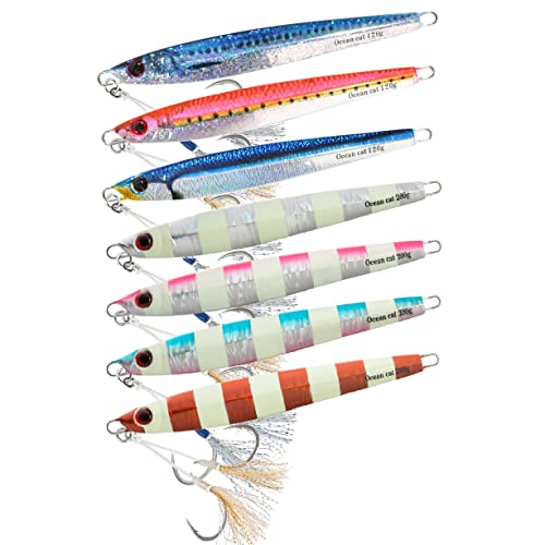 OCEAN CAT 1 PC Slow Fall Pitch Fishing Lures Sinking Lead Metal Flat Jigs Jigging Baits with Hook for Saltwater Fishing 4 Colors 160G/200G (7 Colors Comb, 120g(4 2/9oz))