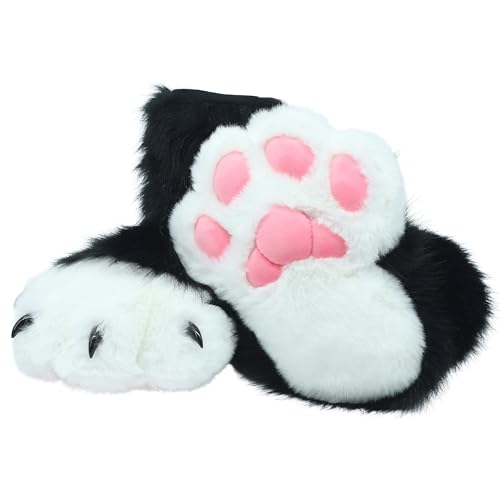 BNLIDES Cosplay Animal Cat Wolf Dog Fox Fursuit Feet Paw Claw Shoes Furry Boots Costume Accessories for Adult (Black-White)