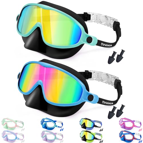 Vvinca Swim Goggles with Nose Cover, Kids Toddlers Swimming Goggles Diving Mask Comfort Wide View No Hair-Pulling Anti-Fog UV Swim Glasses No Leaks Pool Goggles for Aged 3-14 Boys Girls Teens Gift