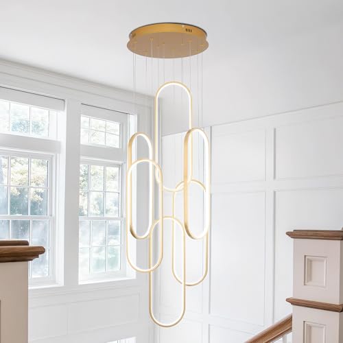 RYHNUYNE High Ceiling Chandelier Modern LED Ring Pendant Light 3 Color Dimmable Gold Chandeliers Contemporary Hanging Light Fixture with Remote Control for Foyer Entryway Staircase (Gold, 78in)
