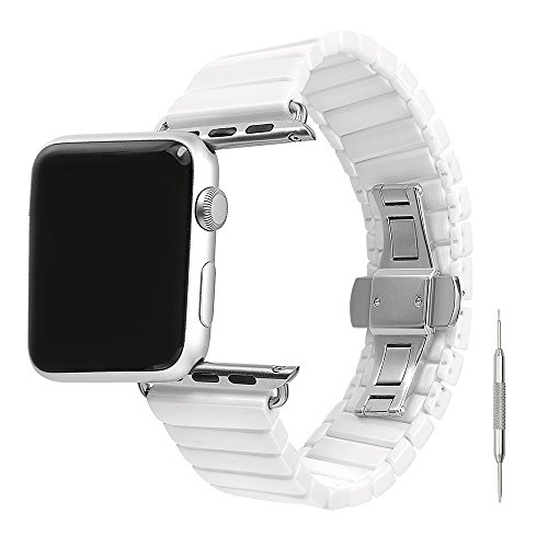 Nice Pies Ceramic Band Compatible with Apple Watch Band 38mm 40mm 41mm Double Button Folding Clasp Strap Replacement Bracelet for iWatch Ultra Series 8/7/6/5/4/3/2/1/SE(38/40/41mm,White)