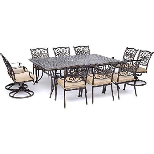 Hanover Traditions 11-Piece Outdoor Dining Set with 60" x 84" Cast-Top Aluminum Table, 6 Dining Chairs, and 4 Swivel Rockers with Thick Foam Cushions