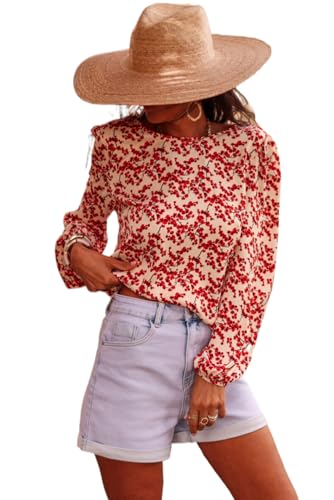 Versatile and Chic Long Sleeve Blouse: Red Floral Print,Red,(US 12-14) L