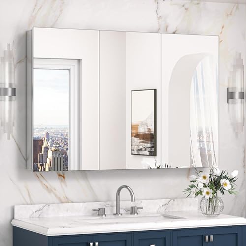 Keonjinn 48 x 32 Inch Oversized Medicine Cabinet for Bathroom with Mirror, Assembly Required, Silver Aluminum Structure, Free Adjustable Shelves, Combined Recessed or Surface Mount Wall Cabinet