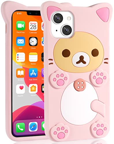 STSNano Kawaii Phone Case for iPhone 14 6.1'' 3D Cute Cartoon Bear Phone Case Fashion Cool Funny Bear Soft TPU Protective Case for iPhone 14 Silicone Cover for Women Girls Kids PK