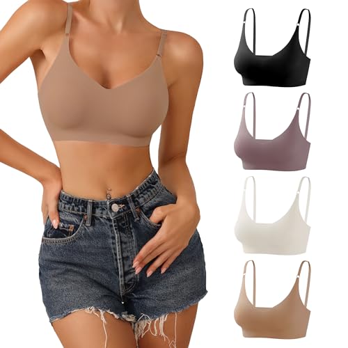DEANGELMON 4 Pieces V Neck Bralettes Padded Seamless Adjustable Straps Bra Everyday Basic Sleeping Bras (4P3,M)