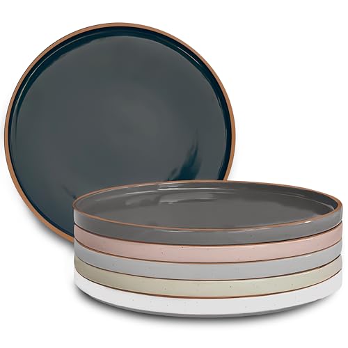 Mora Ceramic Flat Dinner Plates Set of 6, 10.5 in High Edge Dish Set - Microwave, Oven, and Dishwasher Safe, Scratch Resistant, Modern Dinnerware- Kitchen Porcelain Serving Dishes - Assorted Neutrals