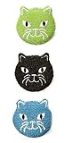 Kikkerland Kitty Cat Scrub Reusable Sponges, for Scrubbing, Cleaning, Dishwashing,Kitchen Scrubbers, Set of 3, Black/Green/Blue