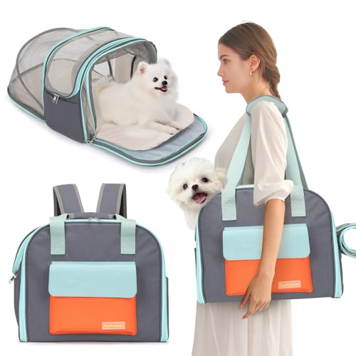 Expandable Pet Carrier Backpack, Cat Carrier Backpacks with Breathable Mesh for Cats Small Dogs Puppies Up to 25 Lbs Airline Approved Waterproof Travel Carrier with Safety Buckle for Hiking & Flights