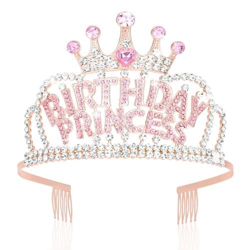 Wecoe Birthday Crown Rose Gold Princess Rhinestone Tiara with Combs Happy Birthday Party Favors Pink Decorations 16th 18th 21st 25th Gifts for Her
