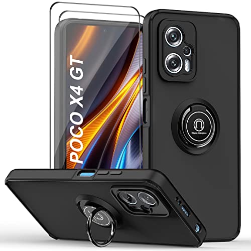 QUIETIP Case Compatible Xiaomi Poco X4 GT,TPU + Hard PC Shockproof Magnetic Ring Car Mount Holder Bumper Cover with 2 Pack Tempered Glass Screen Protector,Black
