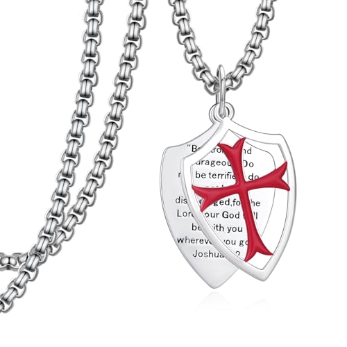 Hantuorui Knights Templar Cross Necklace for Men - 925 Sterling Silver Joshua 1:9 Shield Pendant, Men's Verse Bible Armor of God Necklace