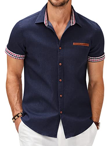 COOFANDY Mens Cotton Slim Fit Short Sleeve Button Down Shirts Summer Denim Shirt, Navy Blue, X-Large