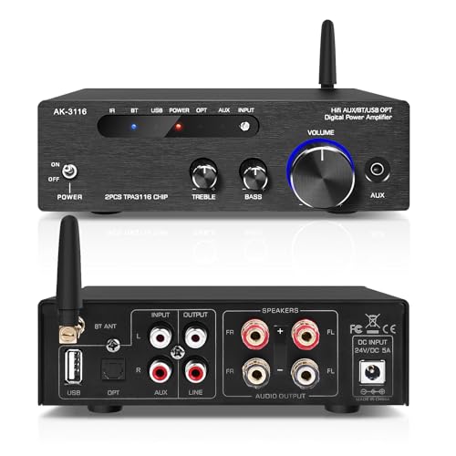 Beffkkip Amplifier Home Audio,Stereo Receiver Bluetooth 5.0 Power amp 100W x2 Wireless HiFi Stereo Class D Digital 2 Channel Integrated with Bass Treble Control for Passive Speakers