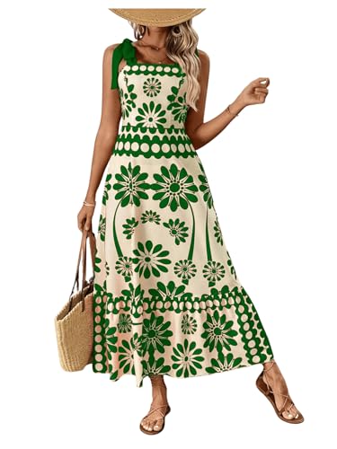 Floerns Women's Vintage Sleeveless Tie Shoulder Sundress Floral Print Cami Maxi Dress Green Large