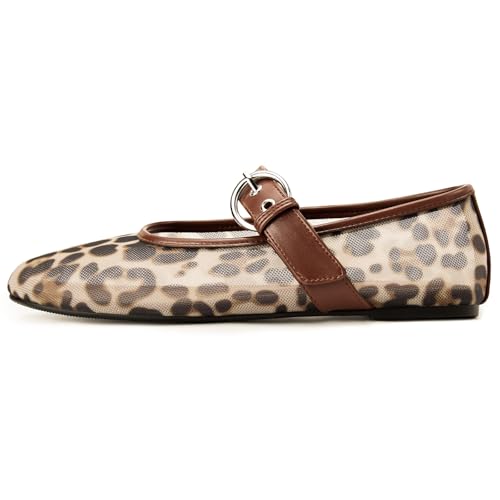 Gothictor Leopard Flats for Women Mesh Flats Ballet Flats Mary Jane Flats Women's Dress Shoes Ballet Shoes Brown,9