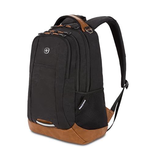 SwissGear 5505 Cecil 16” Laptop Backpack Black Canvas/Brown – Daily Laptop Bag with Gear Attachment Options – Multiple Organizer Pockets & Padded Shoulder Straps