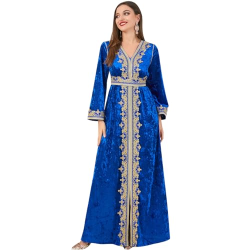 ODIZLI Muslim Dress for Women Dubai Abaya Dress Long Sleeve V Neck Embroidered Velvet Dress Kaftan Dubai Islamic Middle East Modest Dress Ramadan Eid Abayas Women Moroccan Party Dresses Royal Blue M