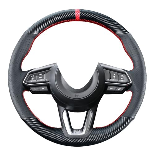 Carkooler DIY Steering Wheel Cover Custom Fit for 2017 2018 Mazda 3 / 2017-2020 Mazda CX-5 Mazda 6 / 2016-2020 CX-9 / 2018 2019 2020 CX-3 15 inches Black Leather Carbon Fiber Interior Accessories