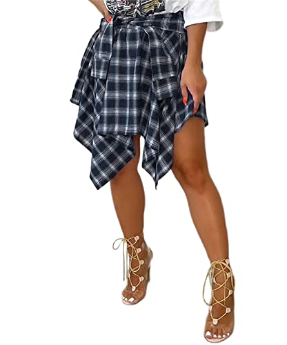 Plaid Skirt Mini Short Preppy - High Waisted Knot Front Hanky Hem A-line Tweed Dresses Navy M